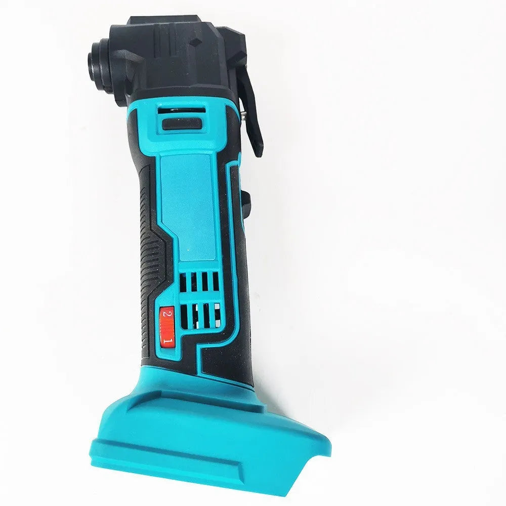 Rechargeable lithium battery garden trimming machine with metal body and accessories in a plastic storage box.