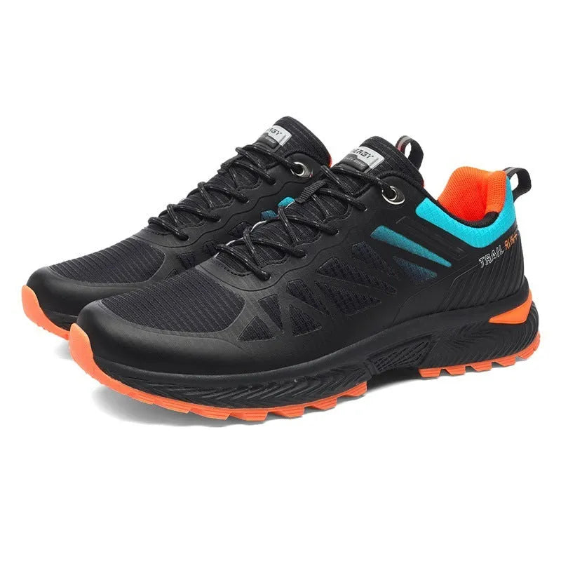Men's black and grey breathable mesh running shoes with lace-up design and rubber sole