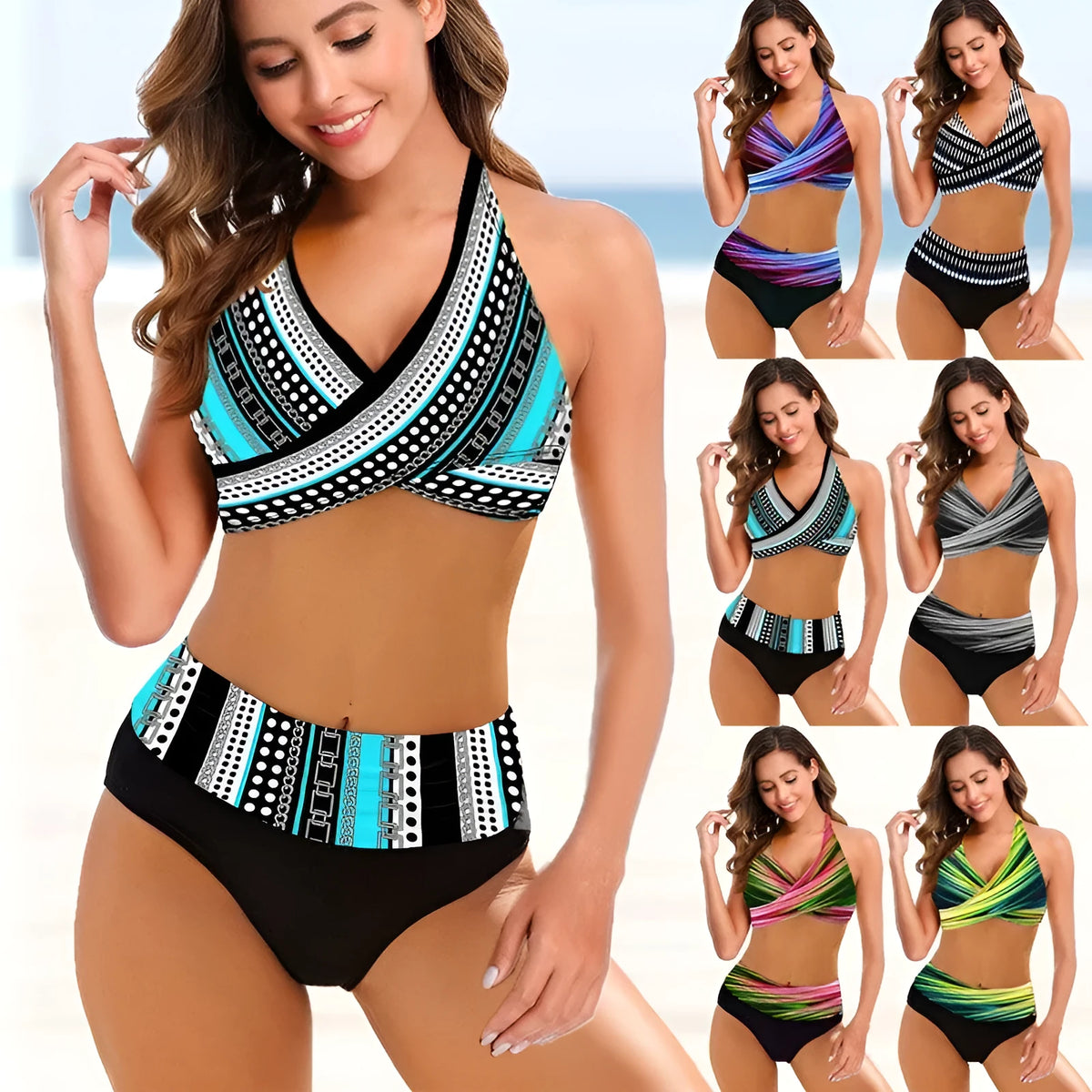 Ladies striped tie-dye bikini with hollow panel and high-waisted briefs
