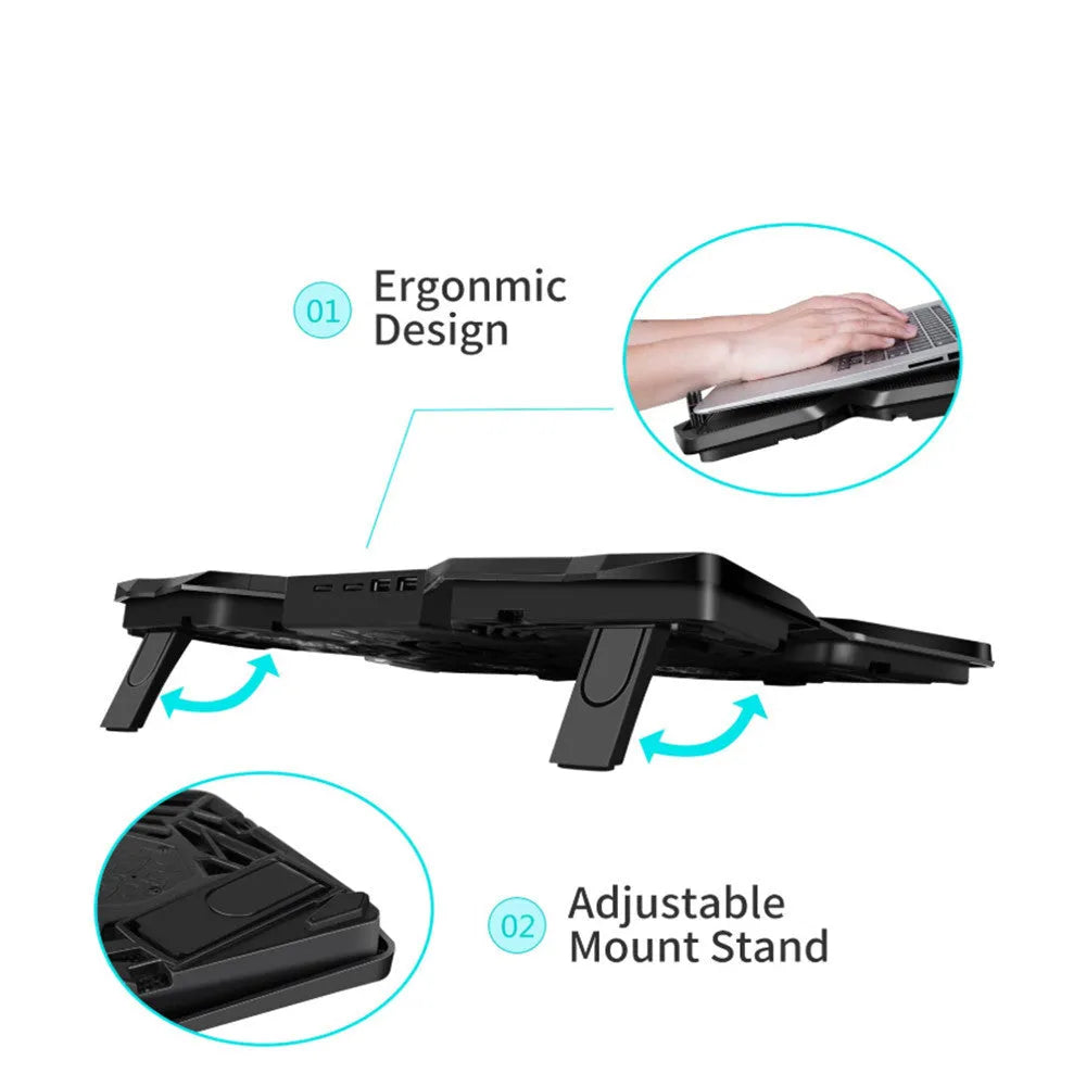 Blue laptop cooling base with four fans and USB ports on computer desk