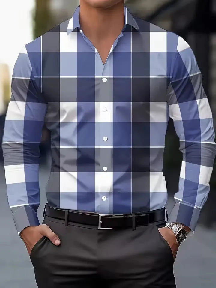Men's striped long sleeve shirt with button lapel collar in blue, shown on a hanger.