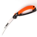 9 inch folding garden hand saw with TPR handle and metal blade shown open and closed.