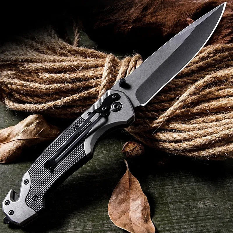 Alloy folding knife showing blade with 60-degree tip angle and 115mm handle length