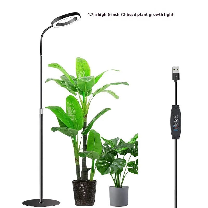 A white aluminium alloy retractable floor lamp with a 6-inch ring of 72 LED grow lights, extended to its full height.