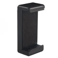Black plastic single phone holder with rotating clamp mechanism on flat surface