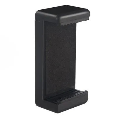 Black plastic single phone holder with rotating clamp mechanism on flat surface