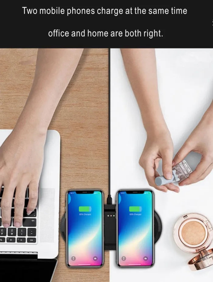 Dual wireless charging pad showing two phones charging simultaneously with black or white colour options