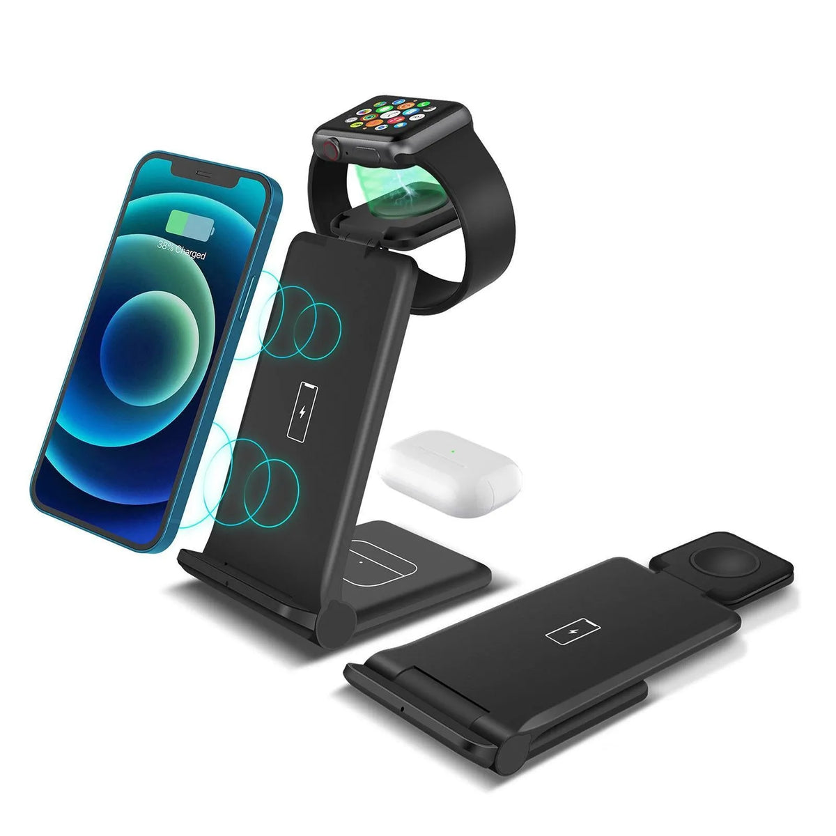 Black and white 3-in-1 foldable wireless charging station for iPhone, Samsung phone, AirPods and Apple Watch.