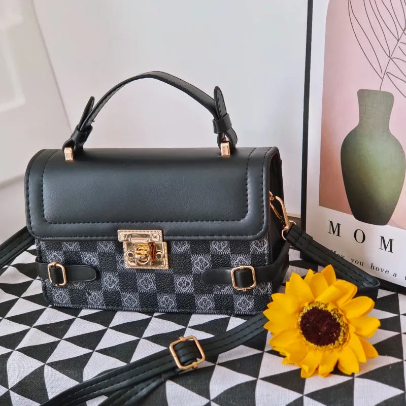 Square patterned ethnic crossbody bag in PU leather with floral stitching and file compartment
