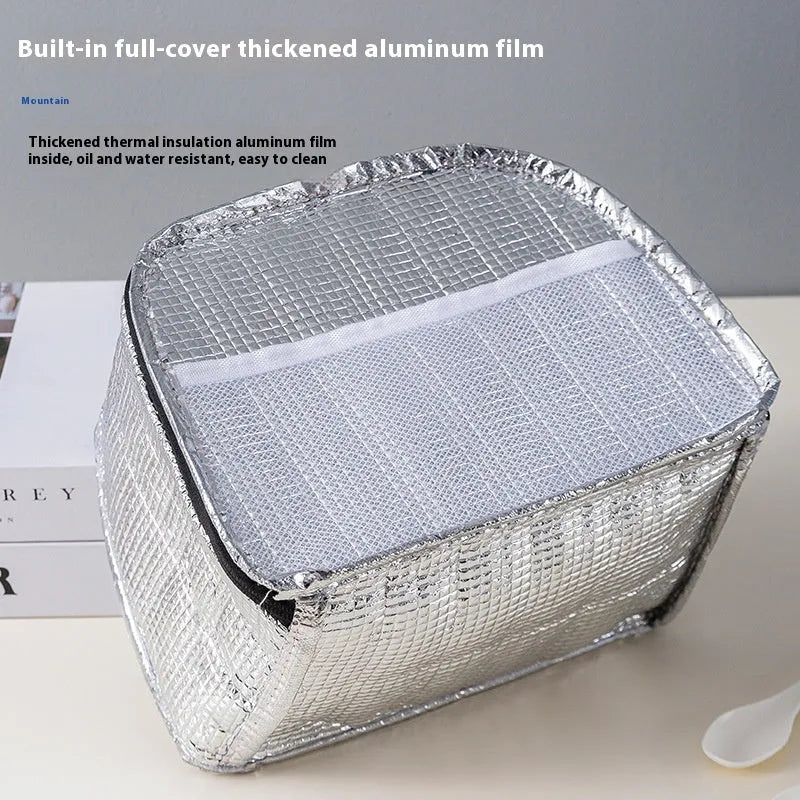 Large insulated lunch bag in textured cloth, shown in purple colour with bento box inside