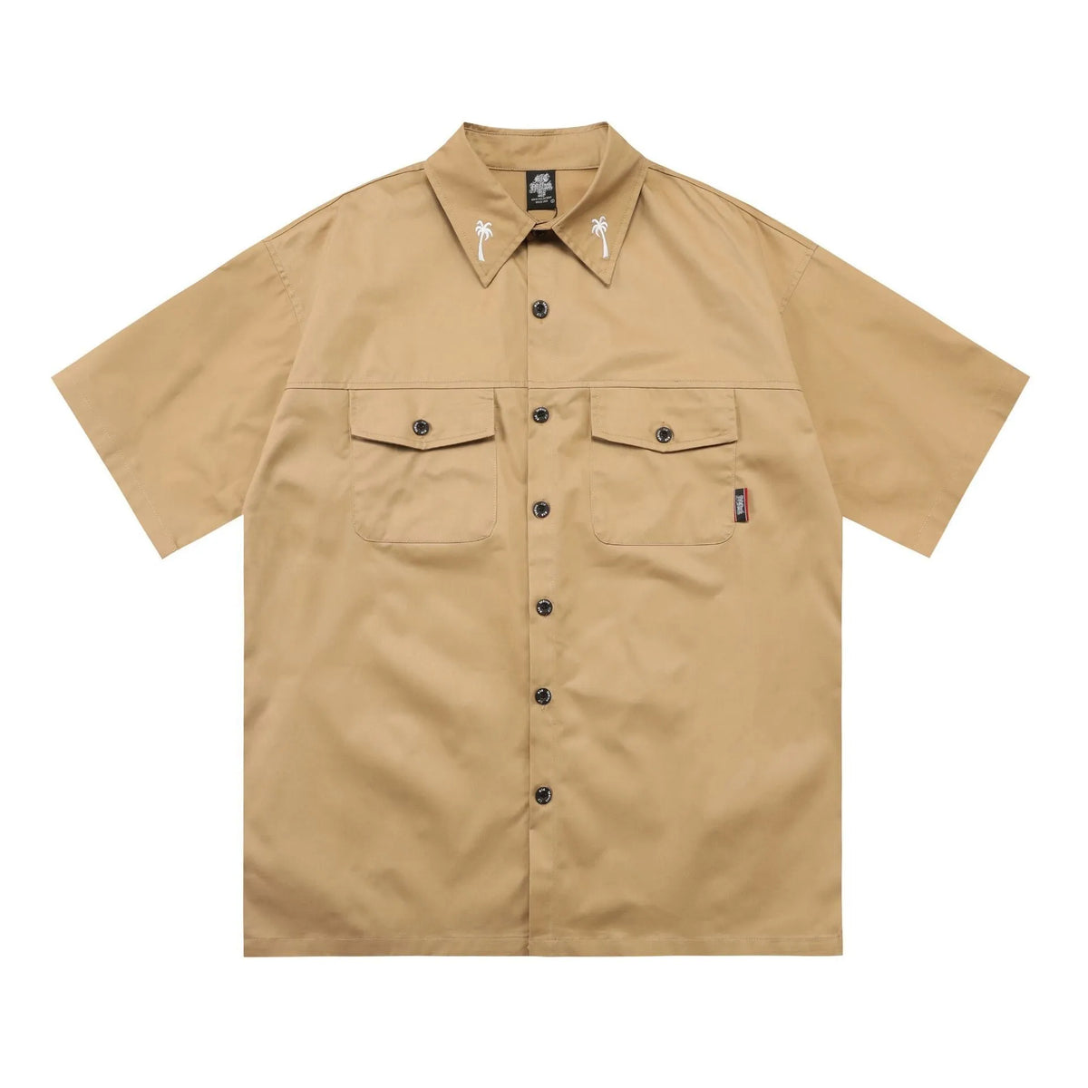 Men's loose fit black cotton blend pocket shirt with half sleeves and embroidery