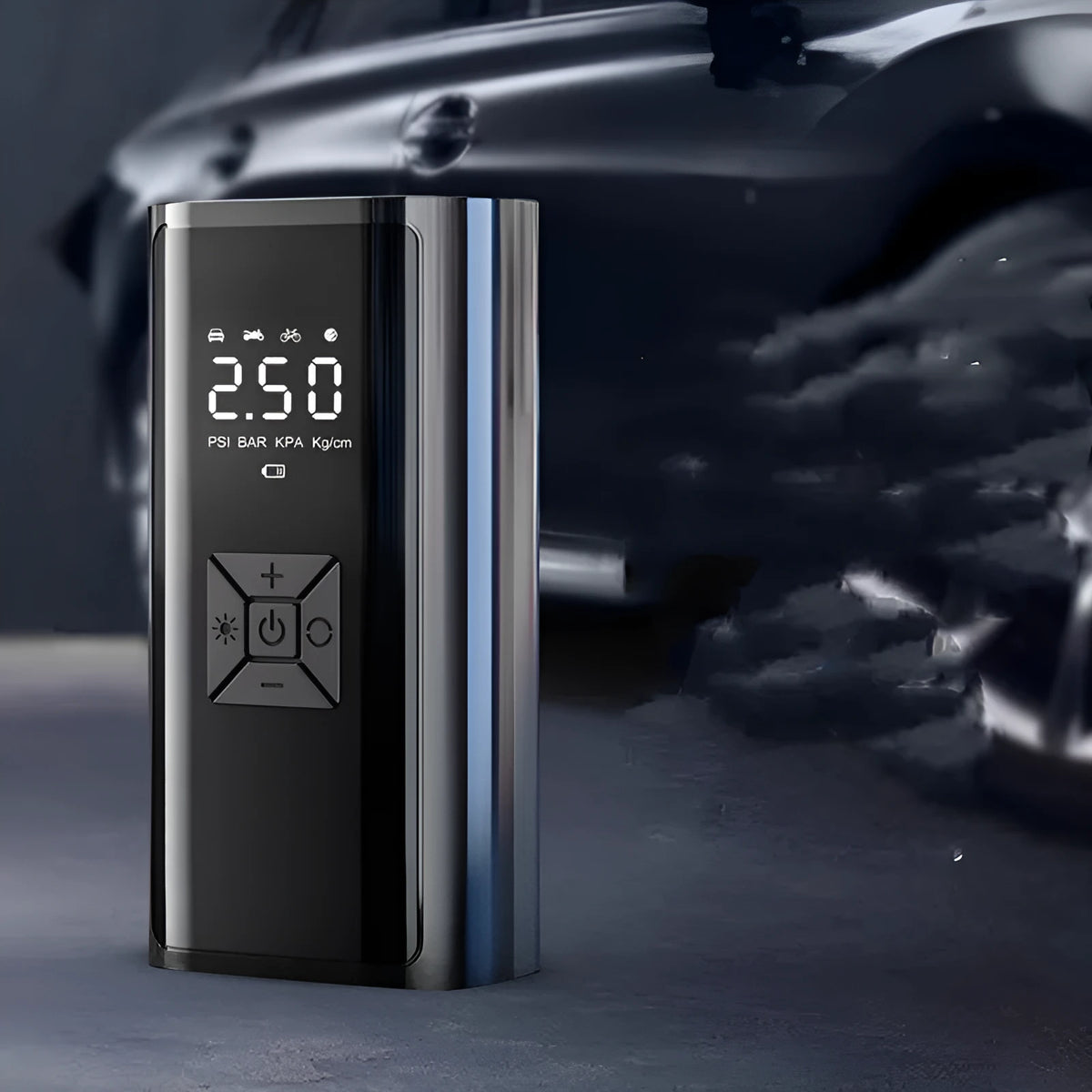 Portable wireless digital car tyre pump with LED display and inflatable hose
