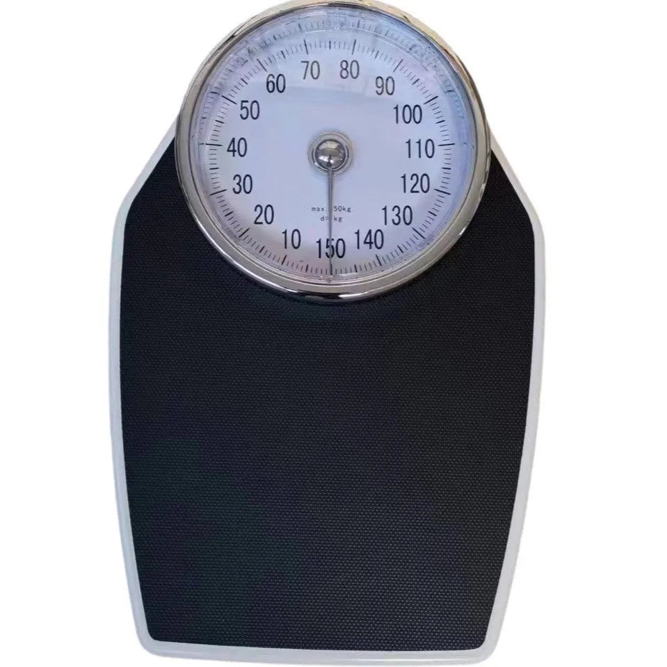Black mechanical body weight scale with large dial pointer, dimensions 47x35x11cm