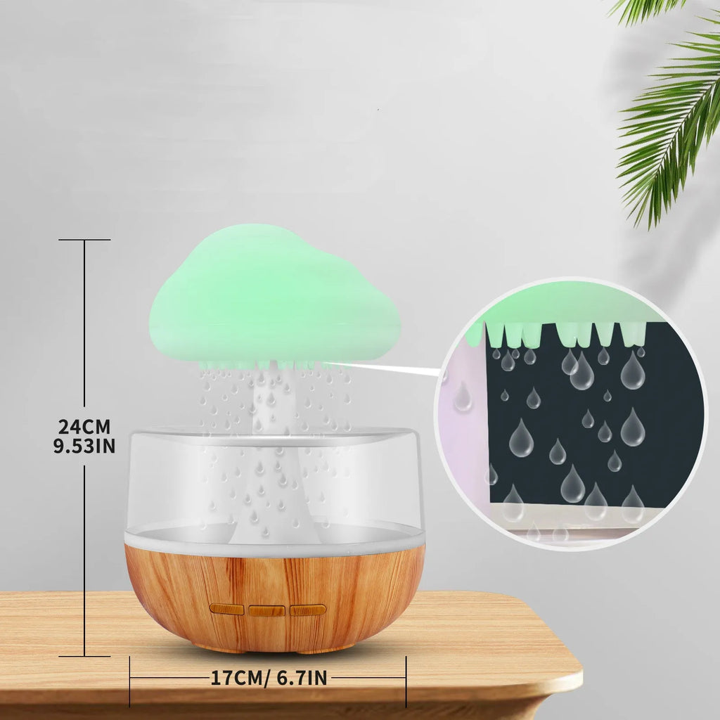 White cloud-shaped humidifier with night lights and water droplet effect on desktop