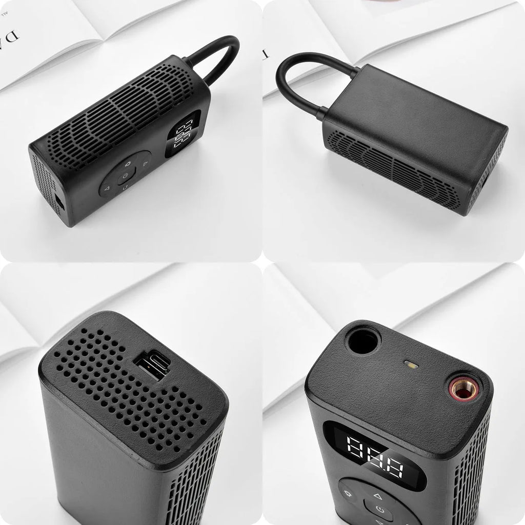 Black M09X portable power bank tyre inflator pump with USB cable for cars and motorcycles