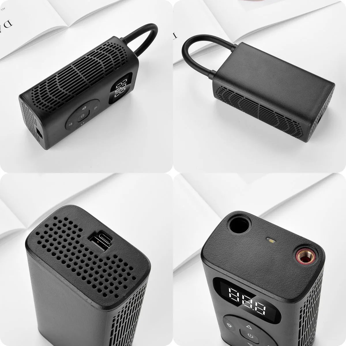 Black M09X portable power bank tyre inflator pump with USB cable for cars and motorcycles
