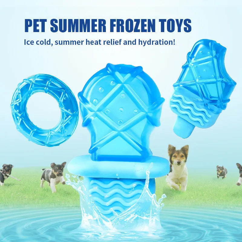 Dog cooling toy set with water-filled pacifier, popsicle and ring shapes for freezing
