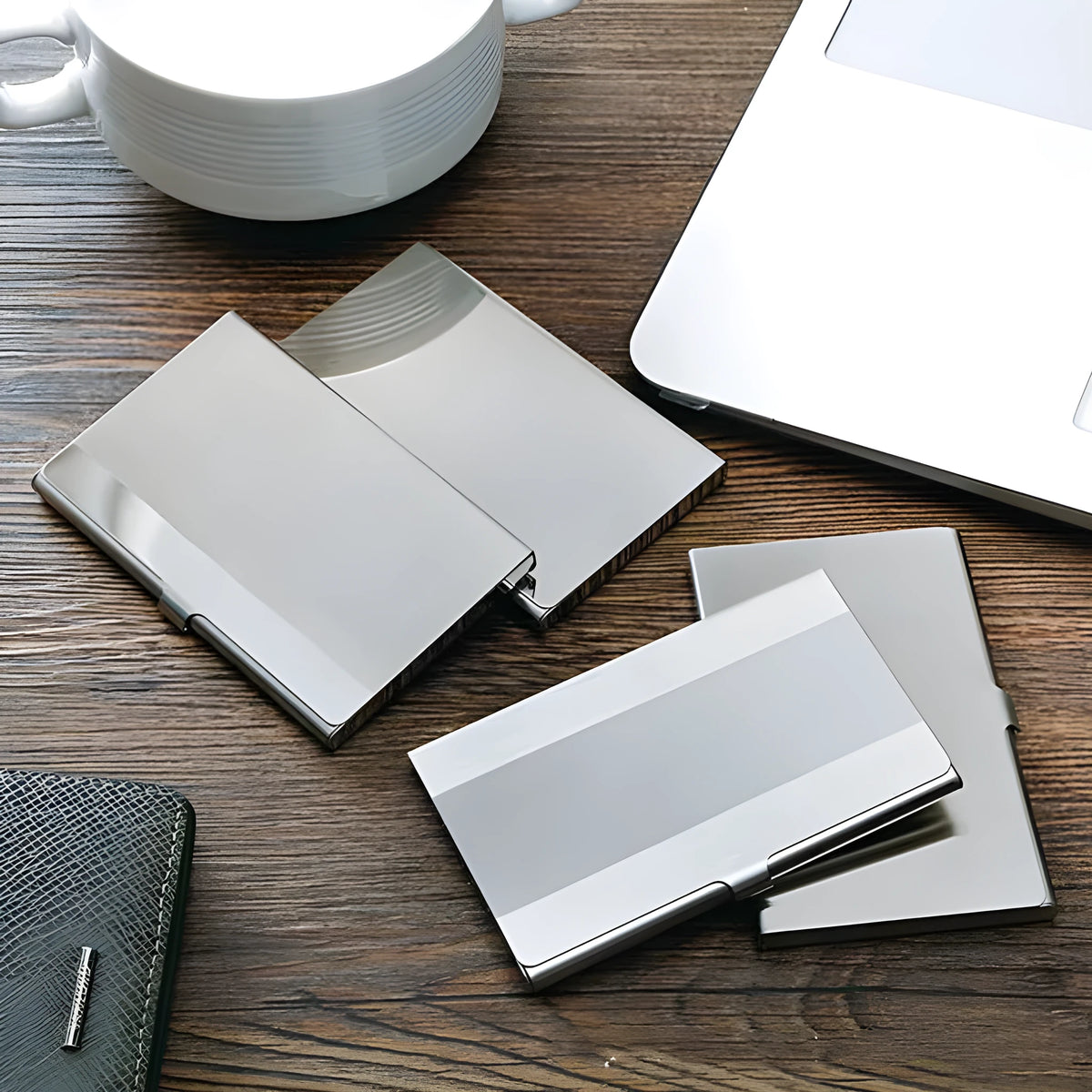 304 stainless steel business card case with geometric laser sculpture, horizontal format with middle mirror