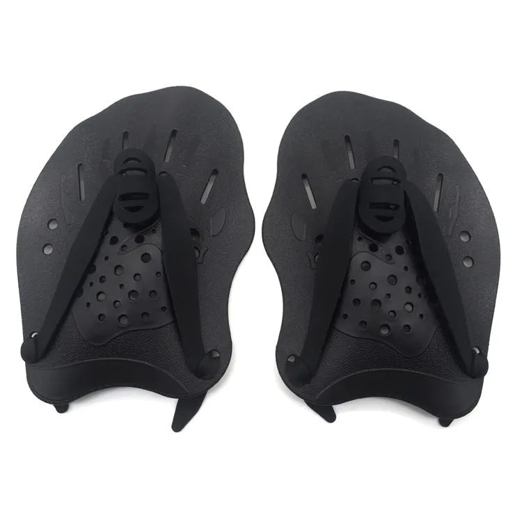 A pair of webbed swimming training paddle gloves for freestyle stroke development, shown in a dark blue colour with a yellow mirror belt.