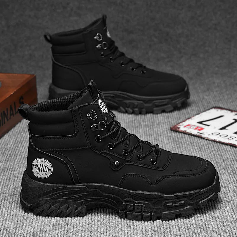 Men's black and yellow artificial PU Martin boots with a mid-calf fit and mid heel.