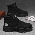 Men's black and yellow artificial PU Martin boots with a mid-calf fit and mid heel.