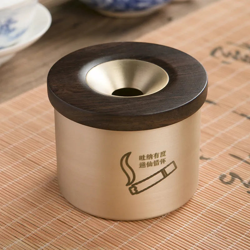 Retro brass ashtray with copper body and black or rosewood wooden lid featuring a middle hole design for living room use