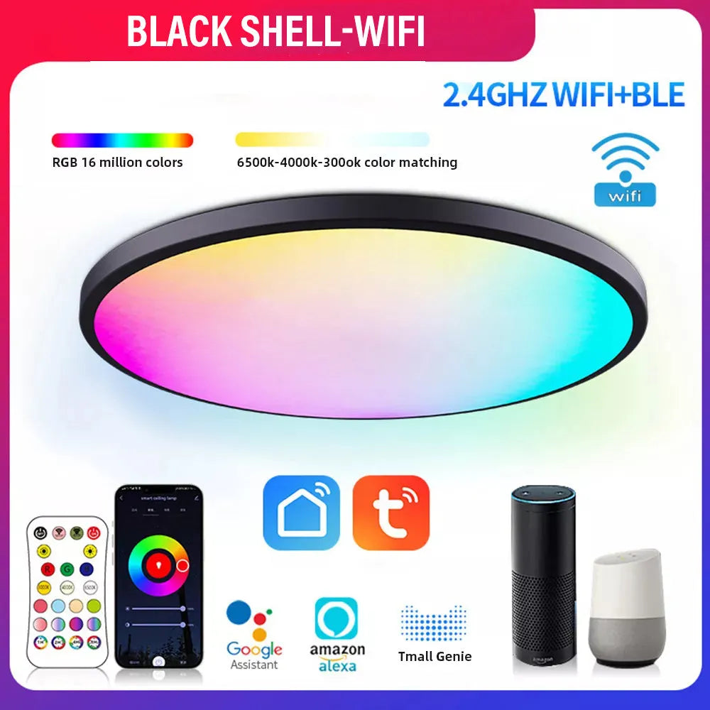 Black or white intelligent Bluetooth ceiling lamp with RGBCW colour control and adjustable white light