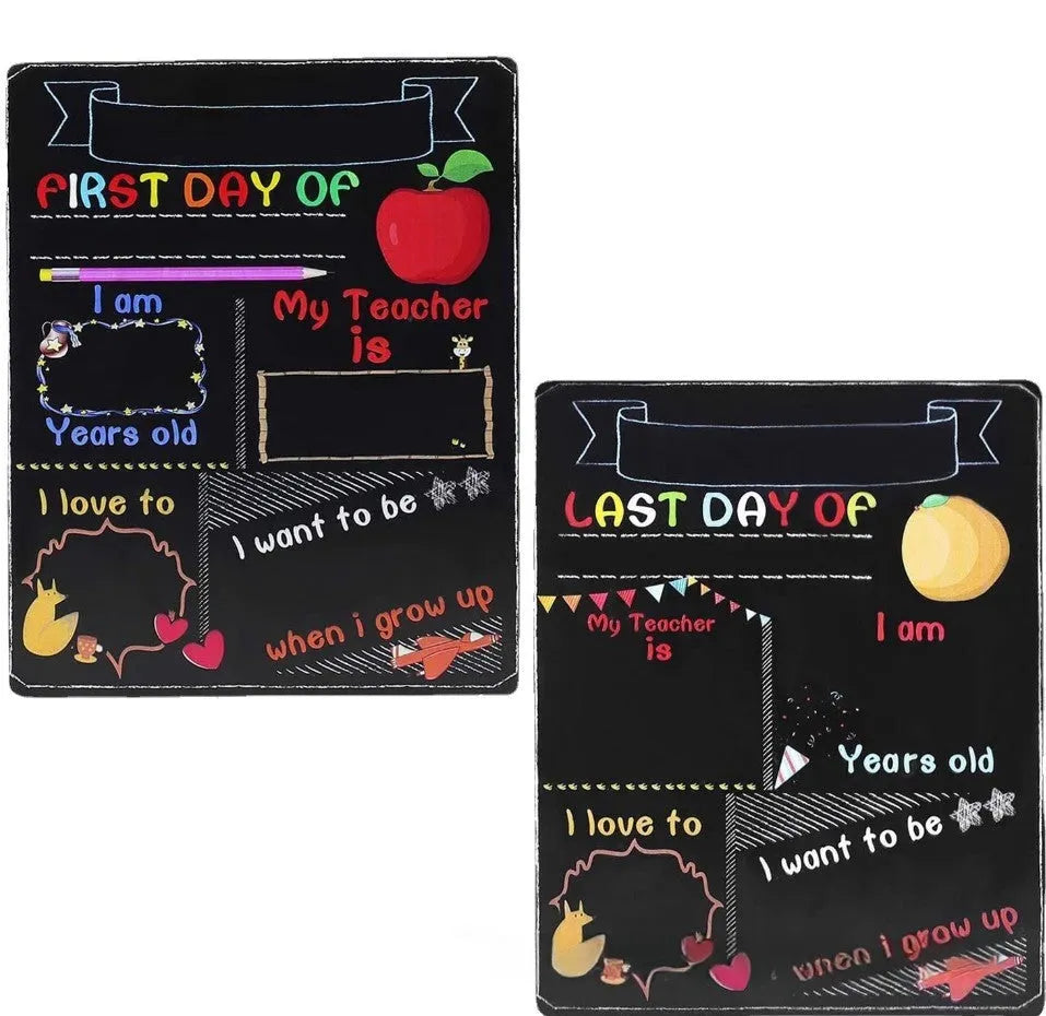 Wooden blackboard with first day of school design on density plate measuring 25.5 by 30 centimetres