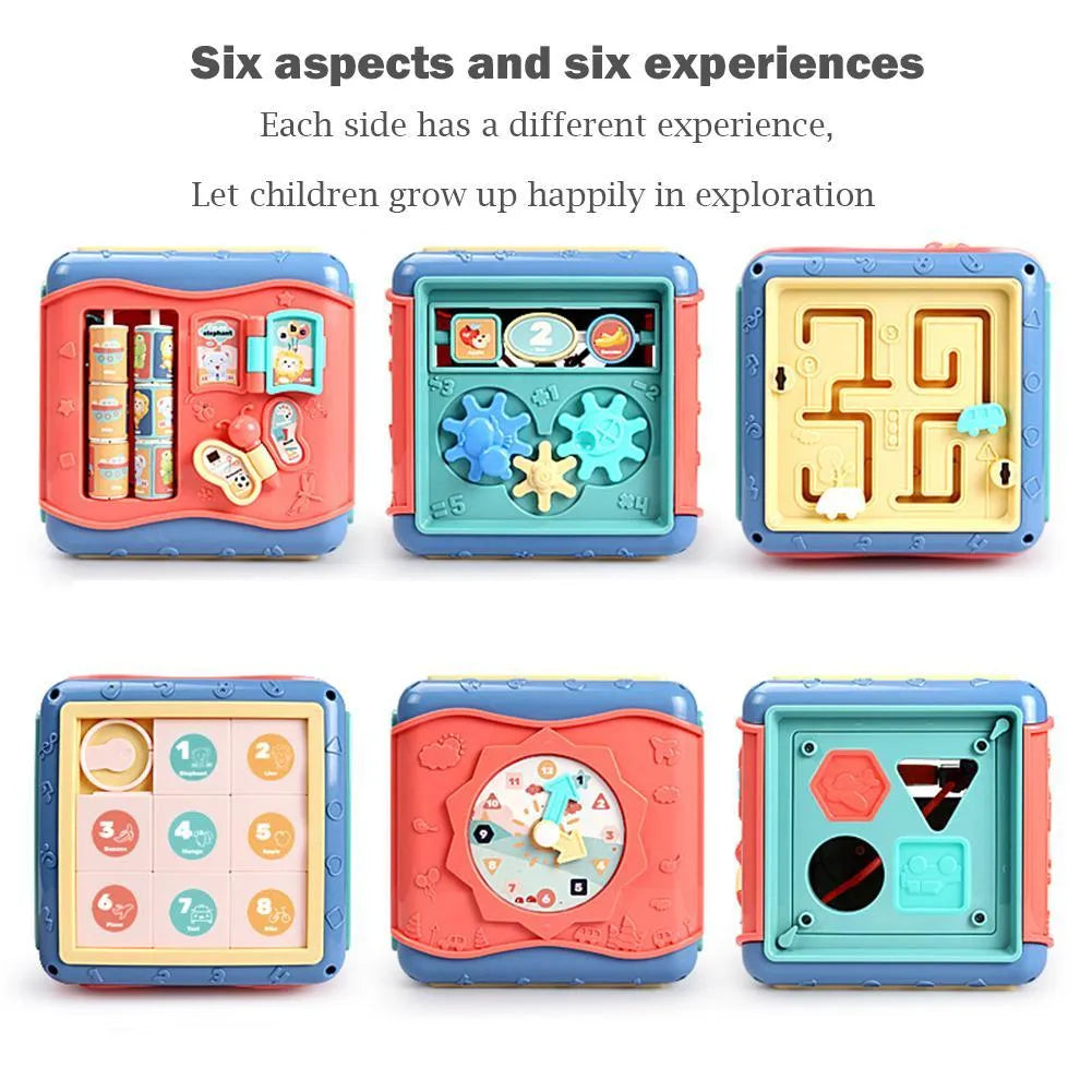 Baby hexahedron educational toy with six different games including bead maze and clock cognition