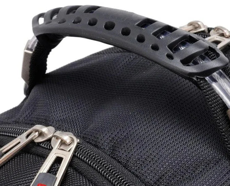 Black business laptop backpack showing three compartments open with laptop in padded section