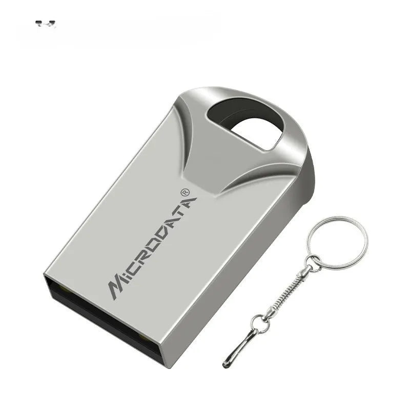 Small silver metal USB flash drive on a chain, worn as a neck pendant.