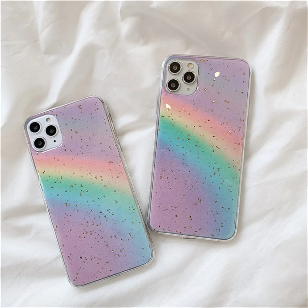 Rainbow gradient striped TPU phone case for iPhone models with Japanese-inspired design