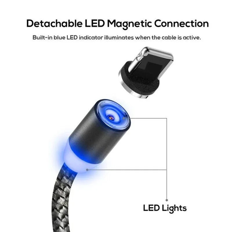 3-in-1 magnetic charging cable with aluminium alloy shell and LED light for Android iOS Type-C devices