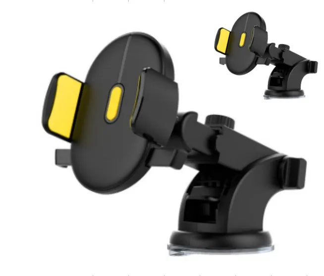 Yellow car phone holder with telescopic arm and suction cup mounted on dashboard showing 360-degree rotation