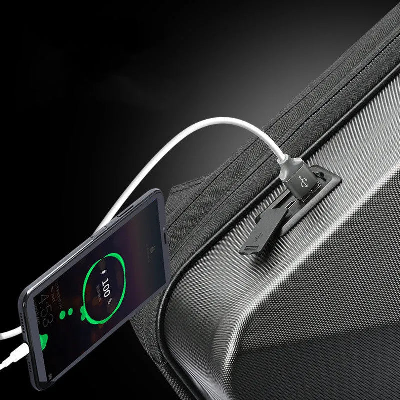 Hard shell PC gaming backpack showing lock opening, dual straps, and organisational compartments in black colour