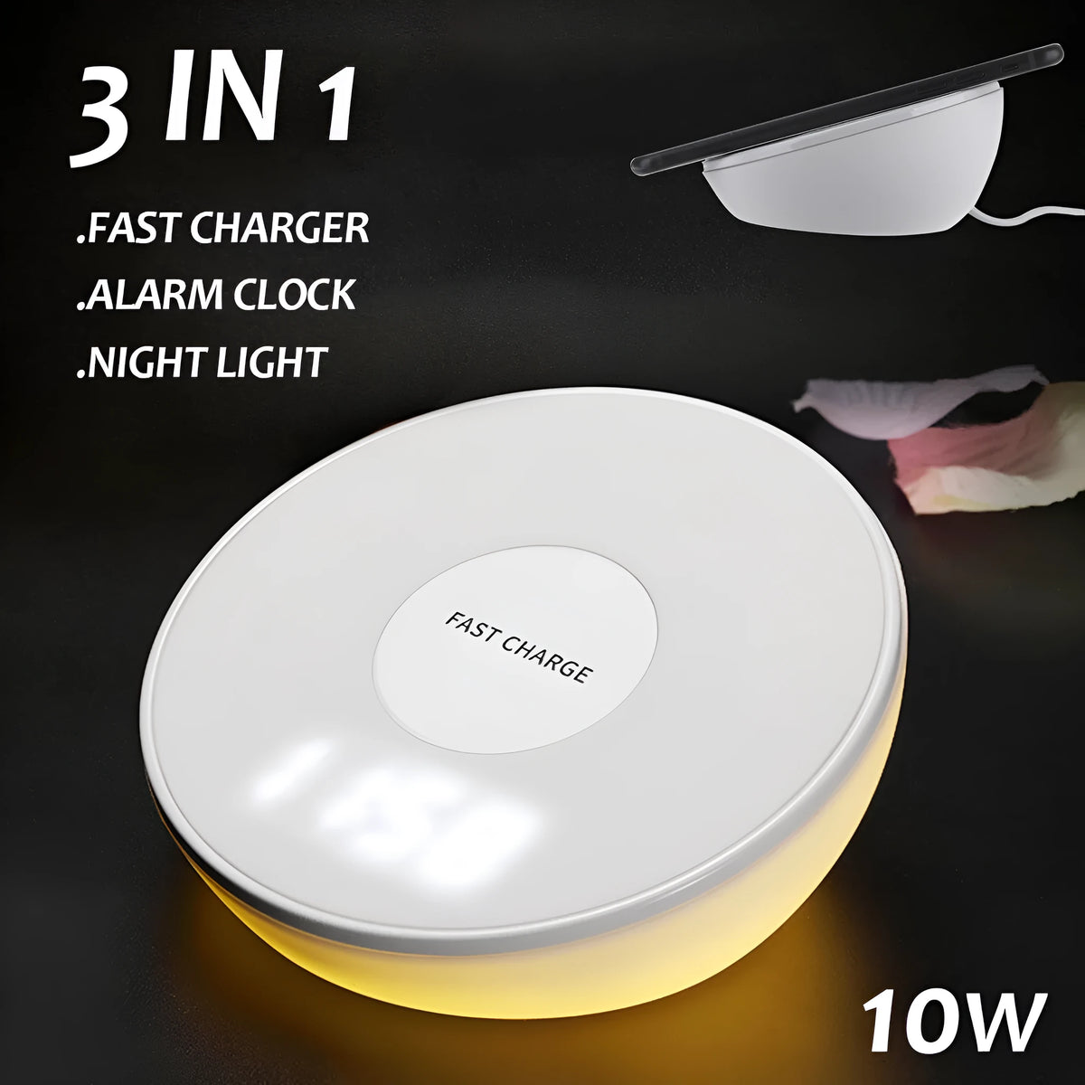 White 10W QI wireless phone charger with digital clock display and three control buttons.