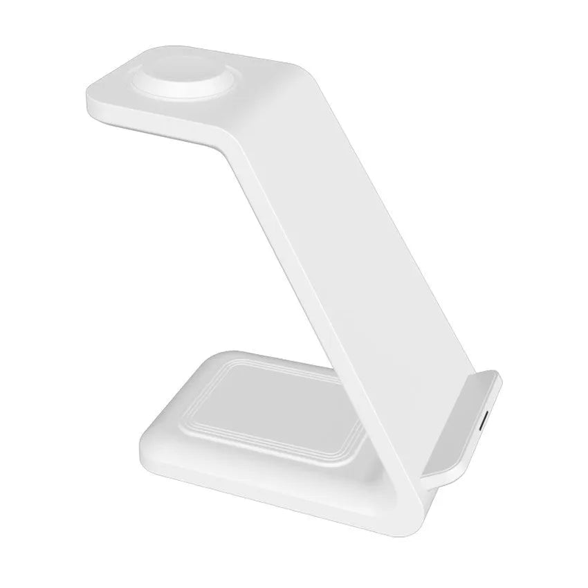 White 3-in-1 upright wireless phone charger with dual coil Qi technology and Type-C cable