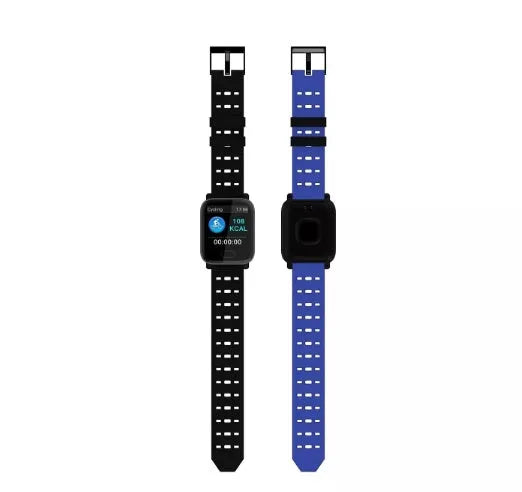 A6 smart bracelet in black, blue, or orange with a colour screen and silicone strap.