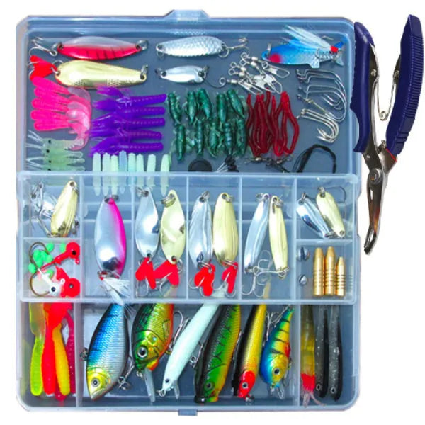 132-piece fishing lure suit kit with rose red plastic baits and high carbon steel hooks in tackle box