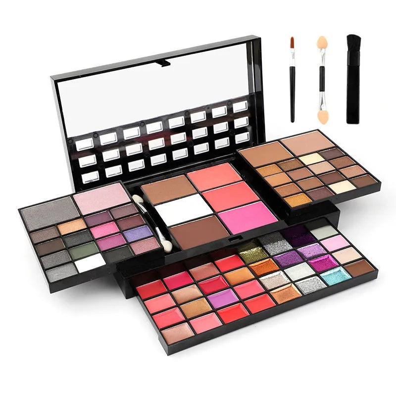 74 colour makeup palette set with four powder plates, a mirror, and included eyeshadow stick, contour brush, and lip brush