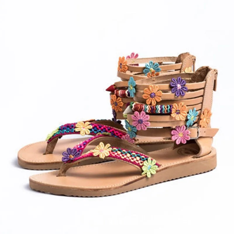 Women's ethnic style beaded petal Roman sandals with round toe and floral elements on a light PU upper.