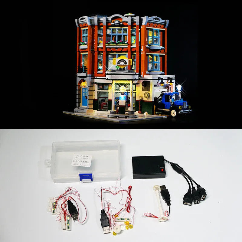 MOC modified LED lighting accessories kit with plastic components for model building corner repair shop scenes