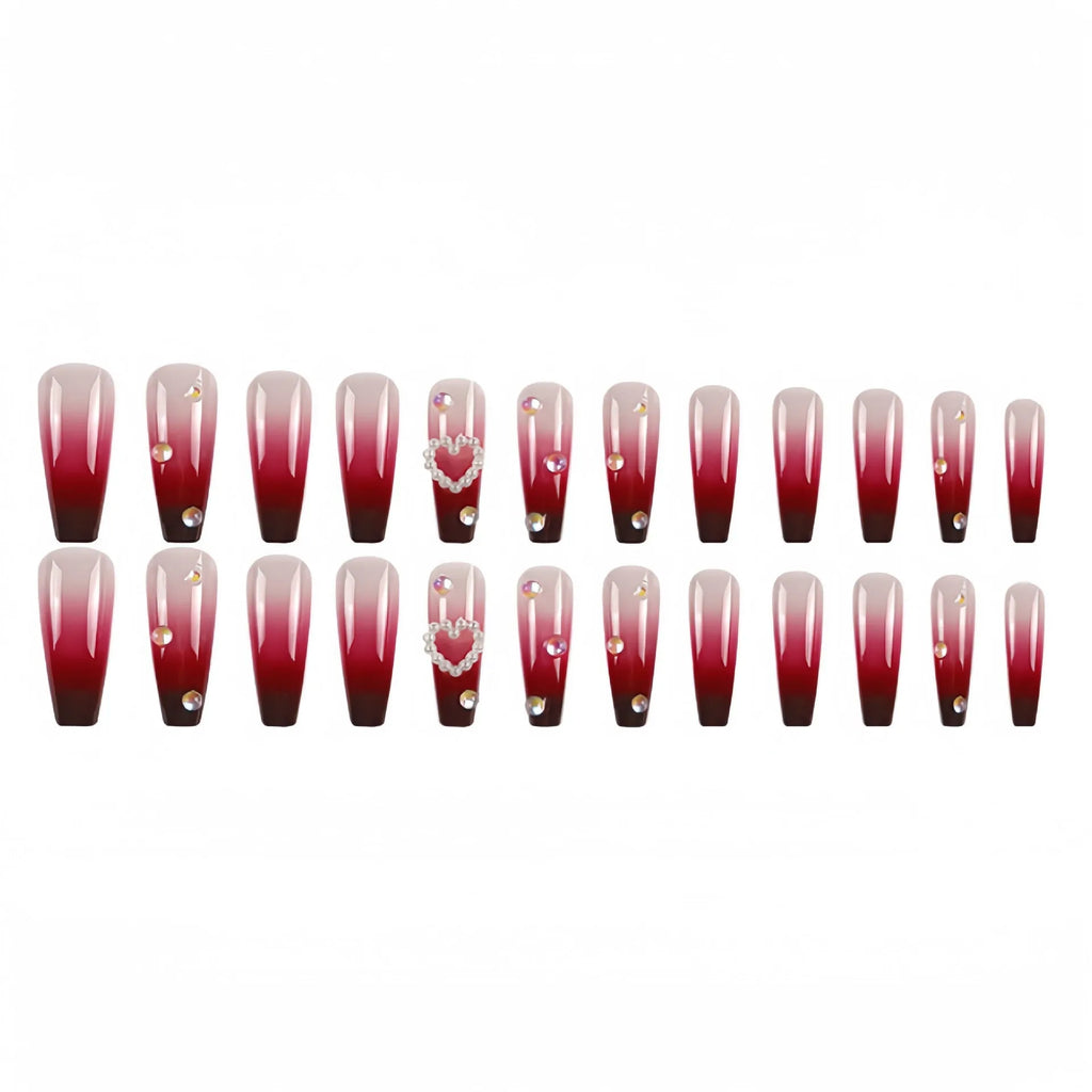 Pearl heart wine red gradient fake nail tips with plaid pattern and jelly glue