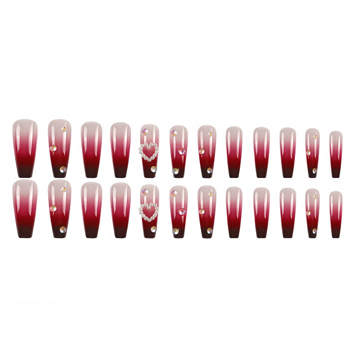 Pearl heart wine red gradient fake nail tips with plaid pattern and jelly glue