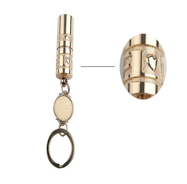 Gold-coloured zinc alloy mini LED keychain flashlight with a keyring.