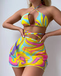 Yellow striped halter neck swimsuit for women with lace-up front and matching skirt