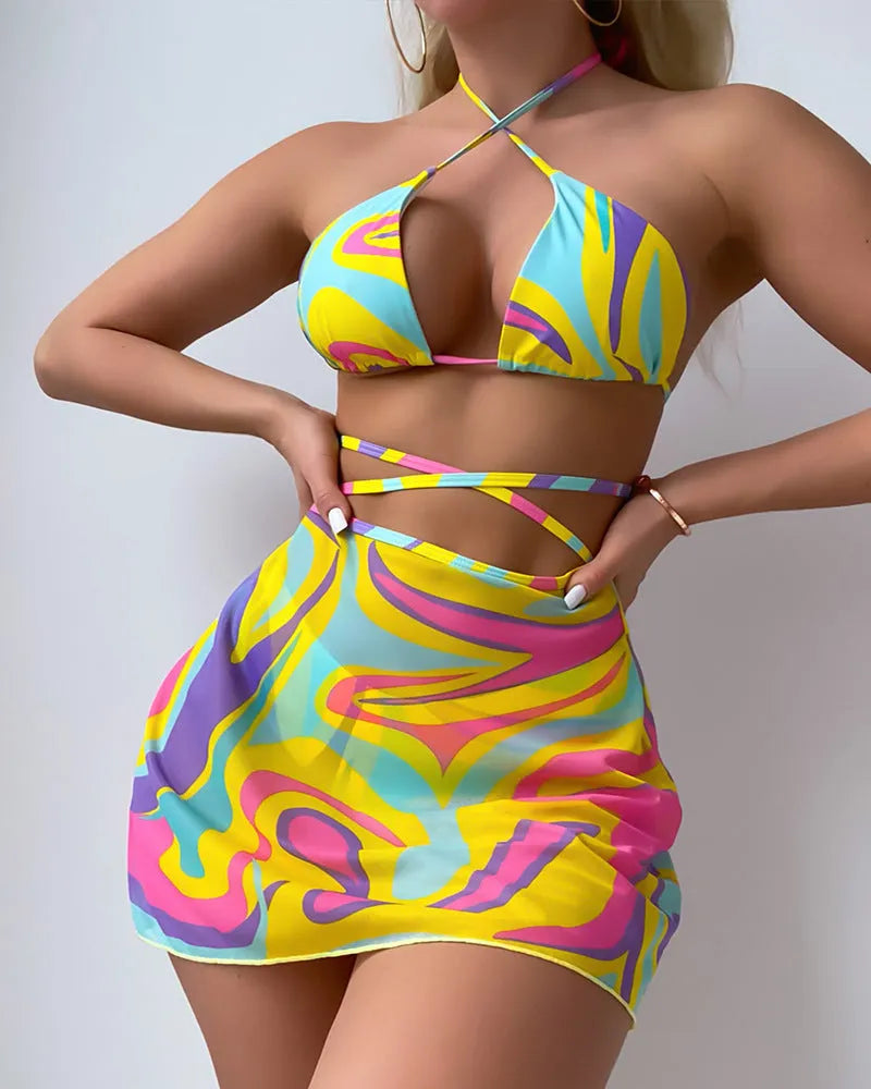 Yellow striped halter neck swimsuit for women with lace-up front and matching skirt