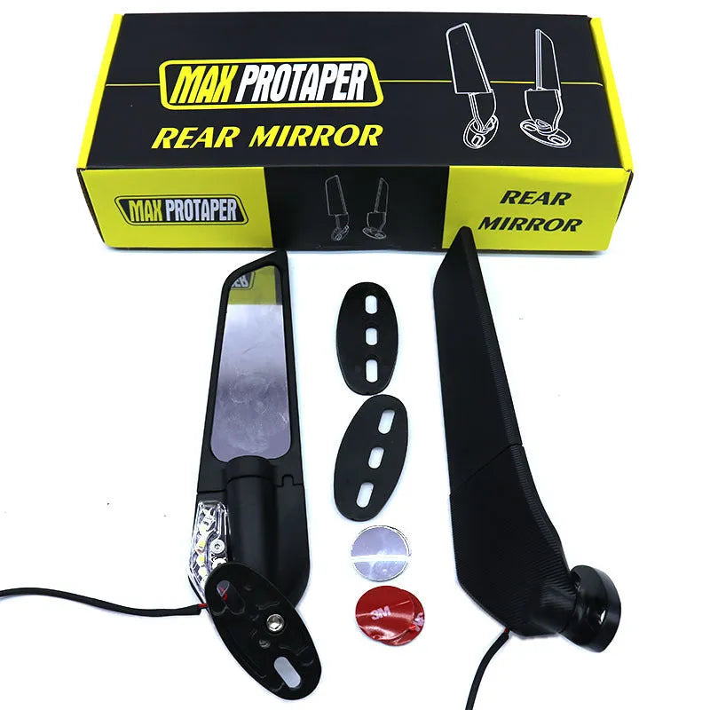Pair of yellow motorcycle rearview mirrors with convex glass lenses and integrated LED running lights.