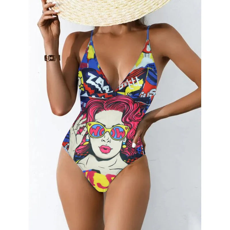 Women's plus size printed one-piece swimsuit in blue with high elasticity spandex lining