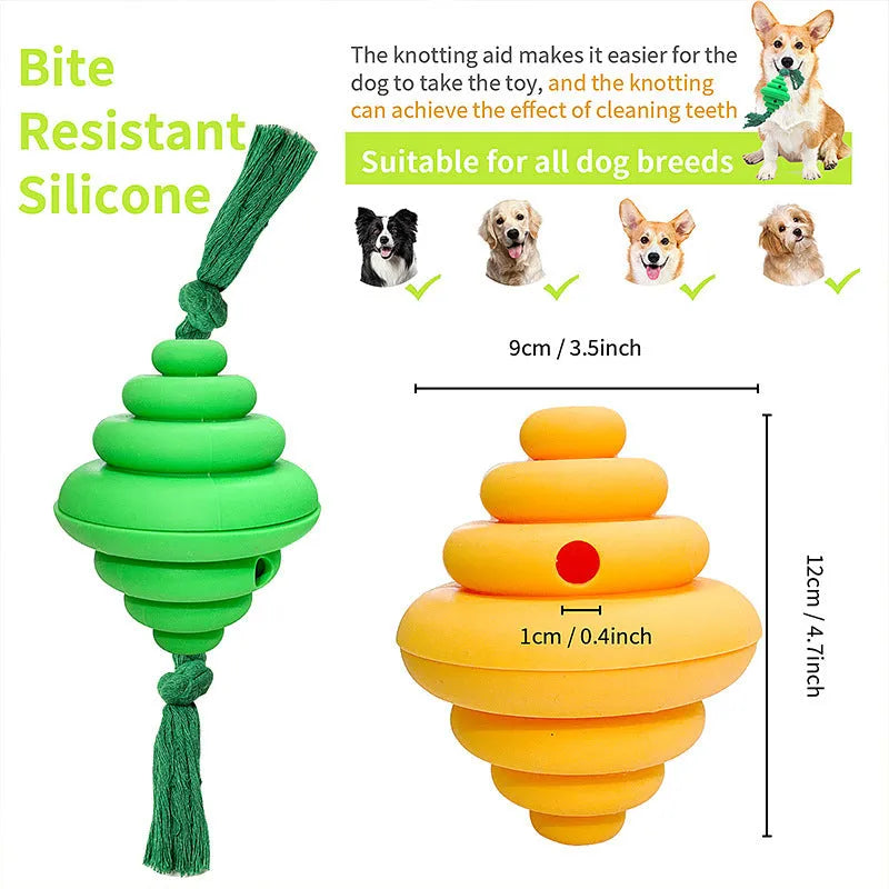 Green and yellow split spiral dog ball with rope attachment for interactive play and treat dispensing